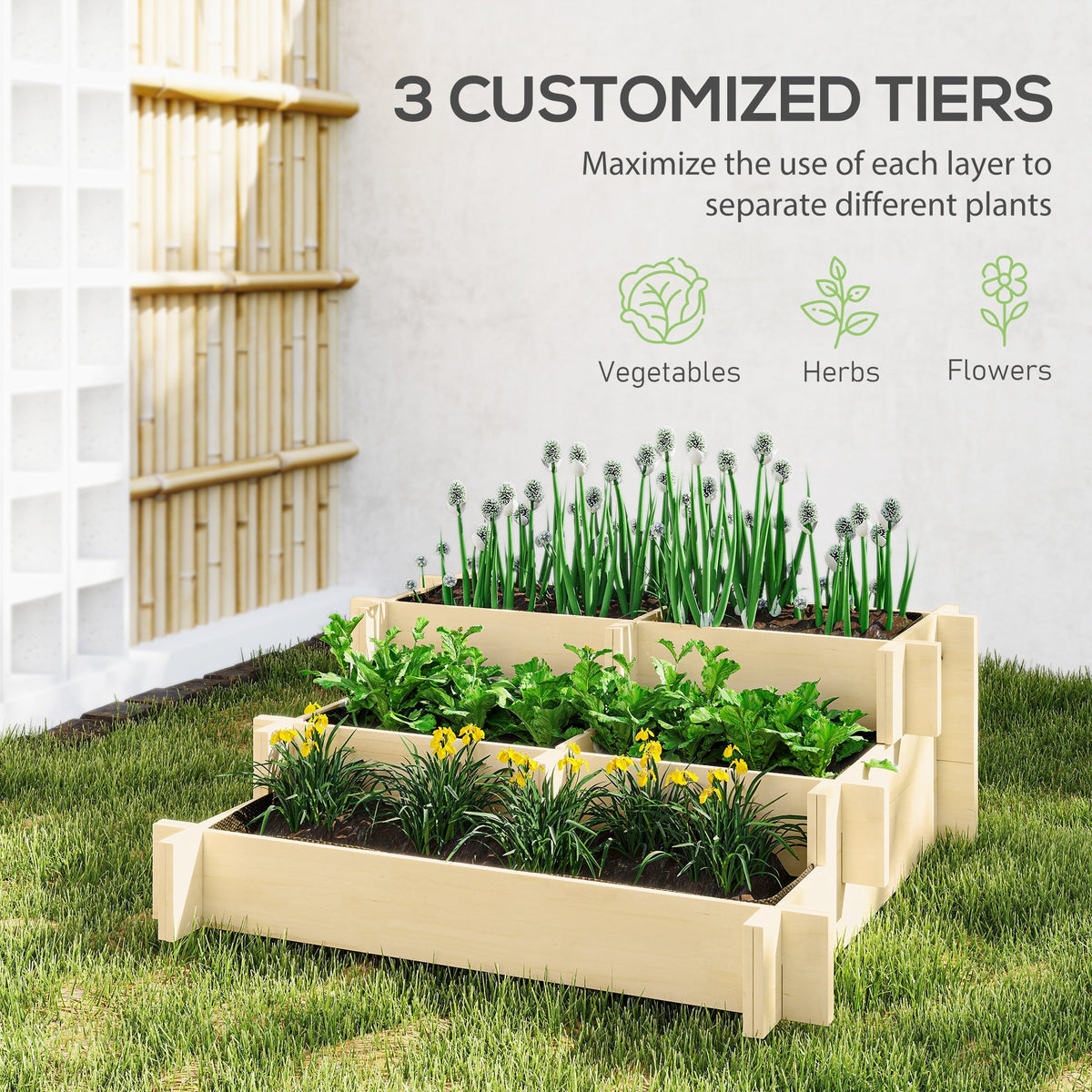3-Tier Raised Garden Bed with 5 Compartments, 37" x 37" x 14", Natural — product view 6