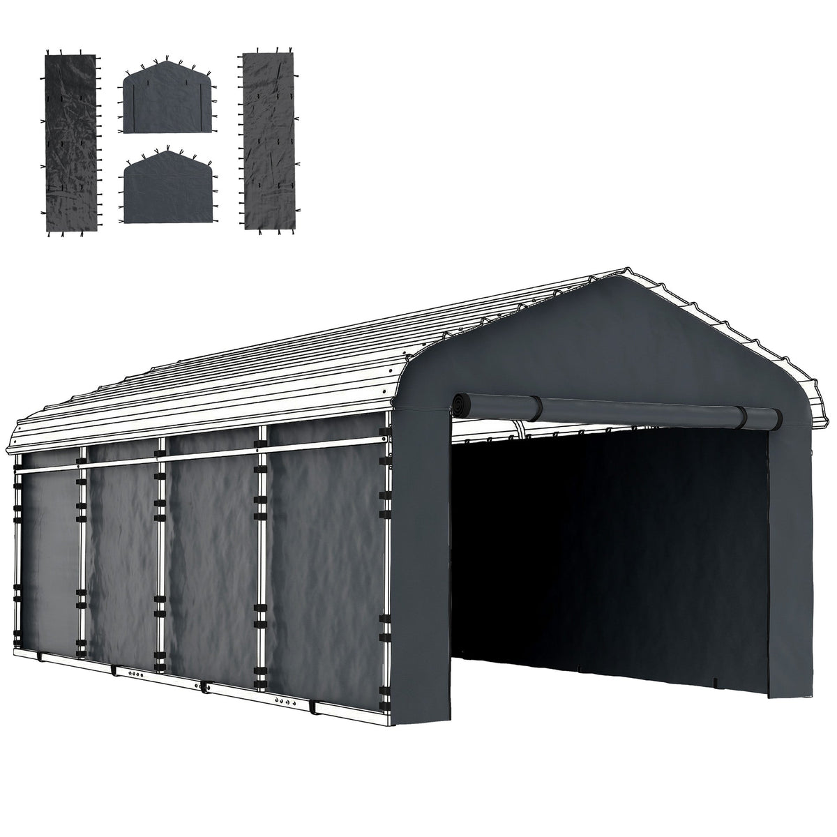 Carport Sidewalls with Roll-Up Door for 10' x 15' Structure, UPF50+ Waterproof PE Tarp, Dark Grey — product view 1