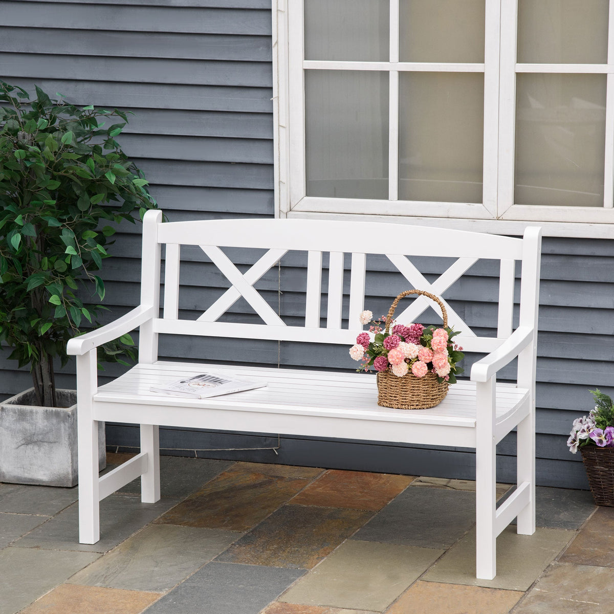 4FT 2-Seater Wooden Garden Bench with X-Shape Back, White — product view 4