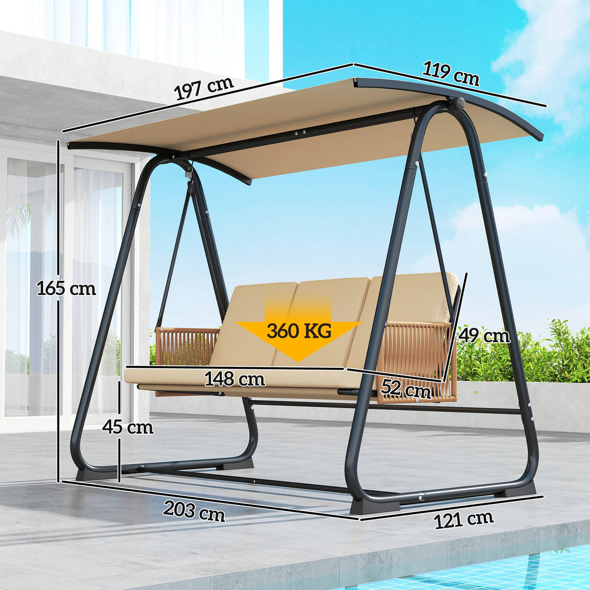 3 Seater Garden Swing Chair with Tilting Canopy and Zipped Cushions, Sand Brown — product view 5