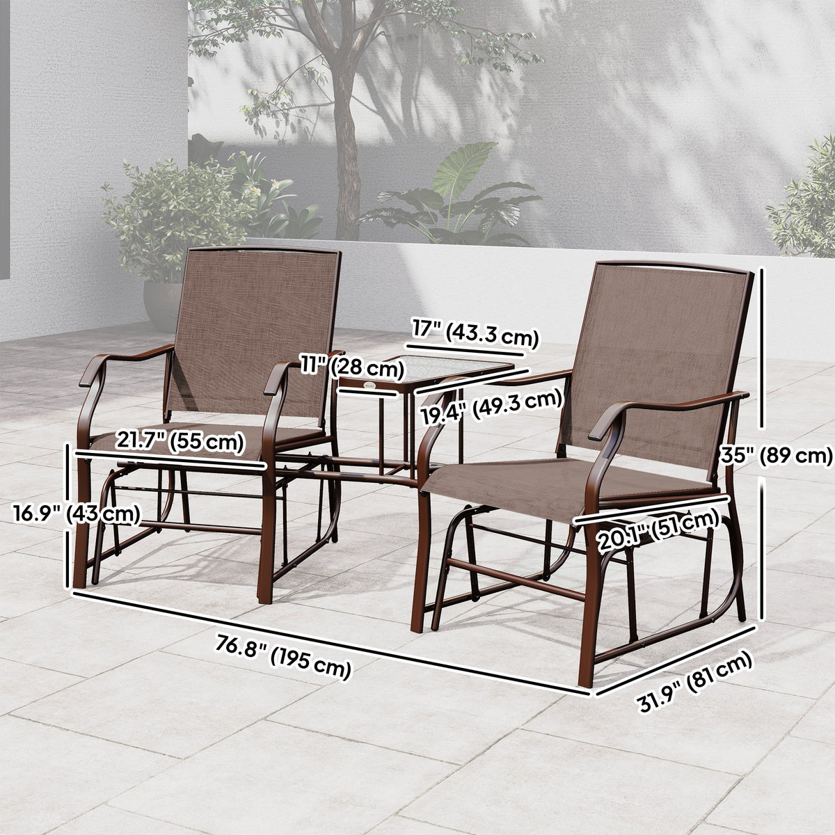Double Patio Glider Chair with Glass Top Center Table, All Weather Breathable Mesh Fabric, Brown — product view 5