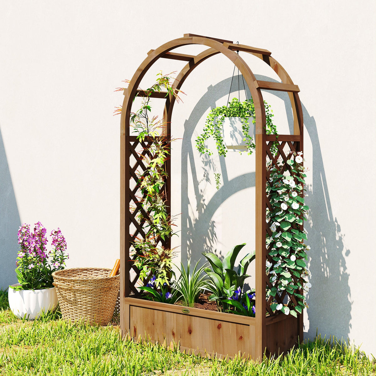 59.8" Raised Garden Bed with Arch Trellis for Climbing Plants, Dark Brown — product view 3