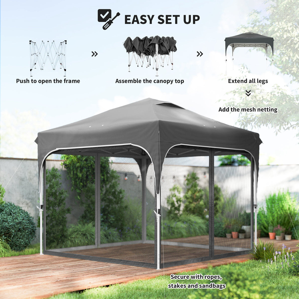 10 x 10 ft Pop Up Canopy Tent with Mosquito Netting and Sandbags, Dark Grey — product view 6