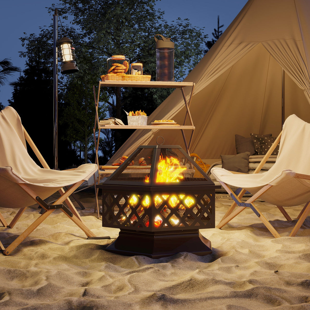28" Outdoor Fire Pit Grill with Cooking Grate, Fire Poker and Spark Screen Lid — product view 4