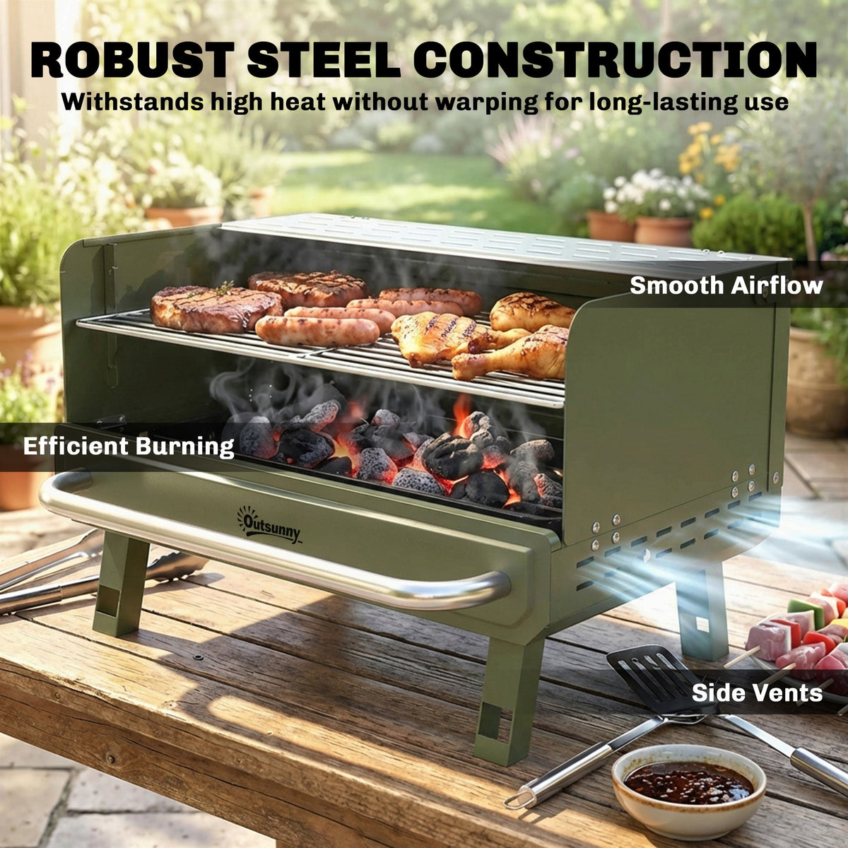 Portable Charcoal BBQ Grill with Adjustable Grates and Side Shelf, Green — product view 6