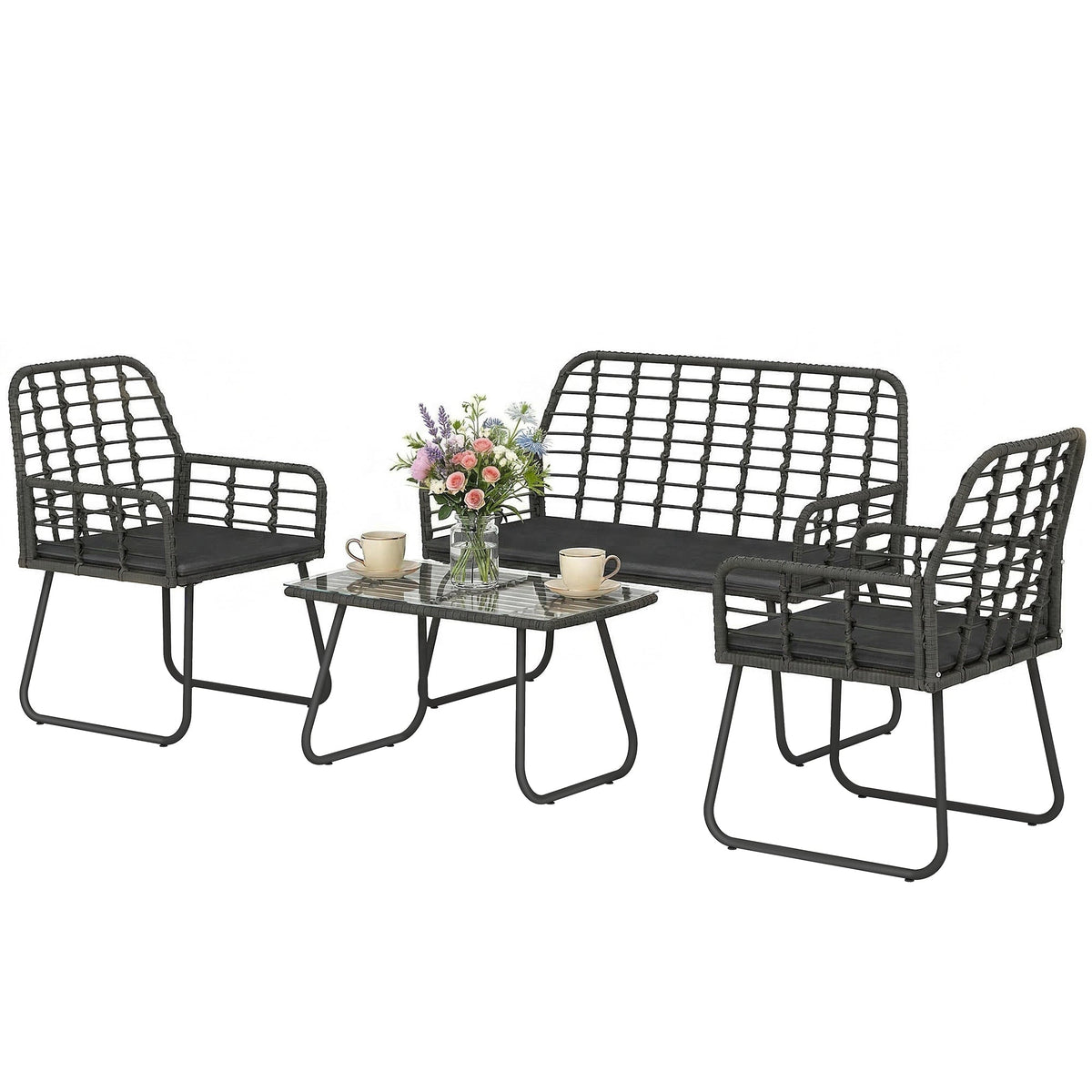 4 Piece Rattan Garden Furniture Set with Loveseat and Coffee Table, Black — product view 2