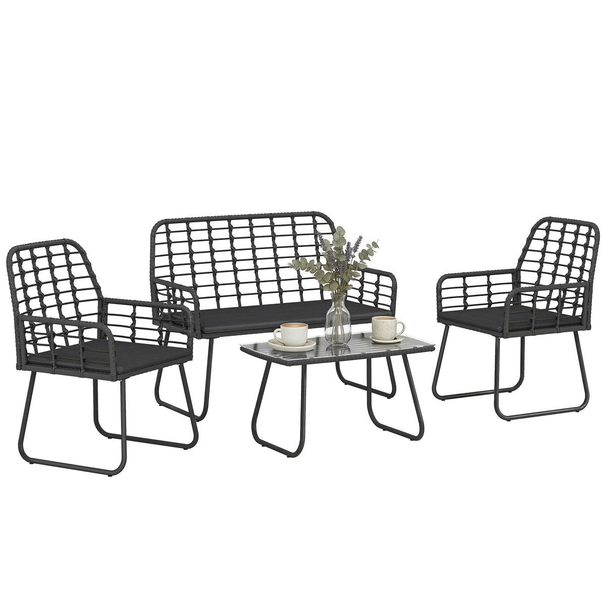 4 Piece Rattan Garden Furniture Set with Loveseat and Coffee Table, Black — product view 1