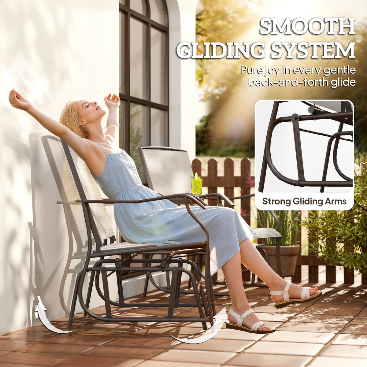 Double Patio Glider Chair with Glass Top Center Table, All Weather Breathable Mesh Fabric, Light Brown — product view 6