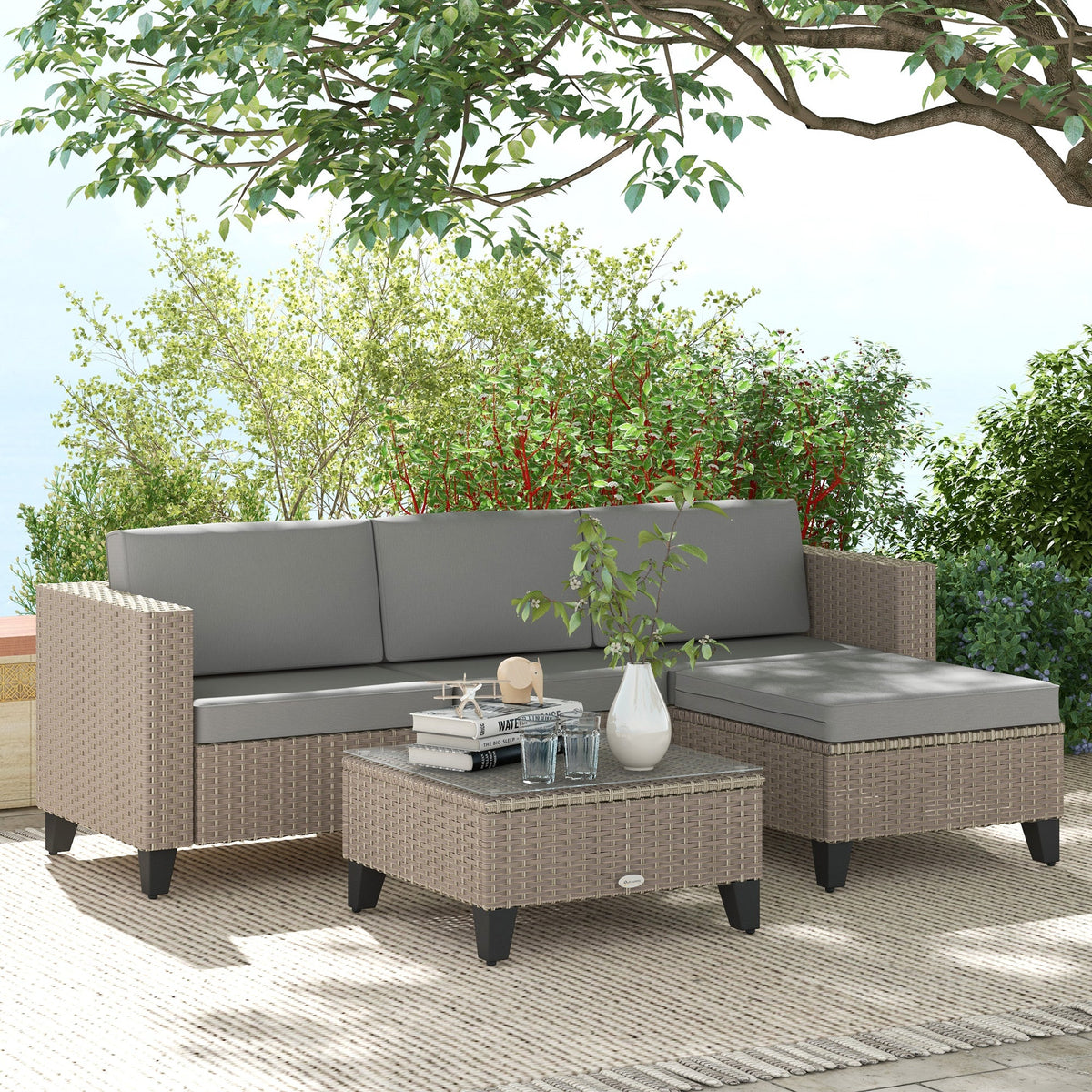5 Piece PE Rattan Garden Furniture Set with Corner Sofa & Glass Table, Brown — product view 3