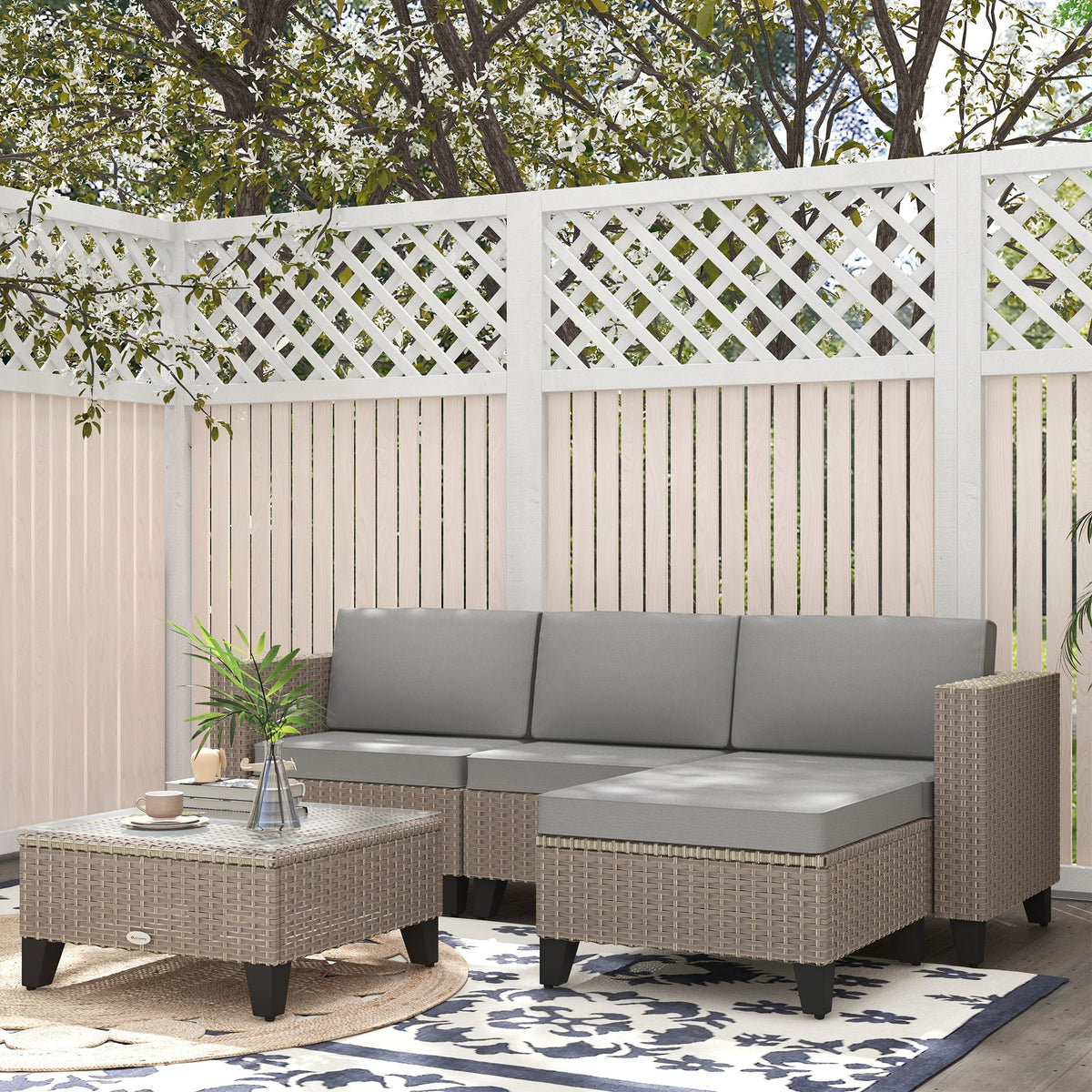 5 Piece PE Rattan Garden Furniture Set with Corner Sofa & Glass Table, Brown — product view 4