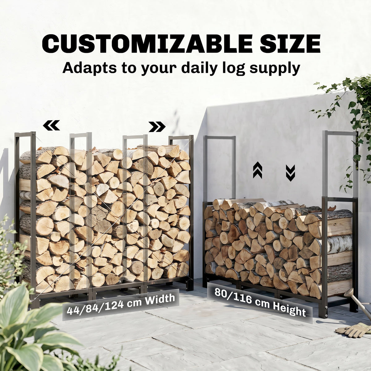 4 ft Firewood Rack with Customizable Width & Height, Cable Reinforcement, 616 lb Capacity, Black — product view 6
