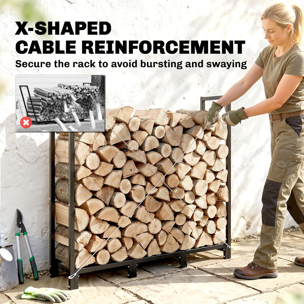 4 ft Firewood Rack with Customizable Width & Height, Cable Reinforcement, 616 lb Capacity, Black — product view 7