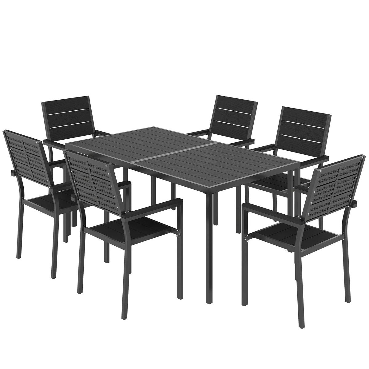 7-Piece Outdoor Dining Set with Slatted Tabletop and Metal Frame for 6, Black — product view 2