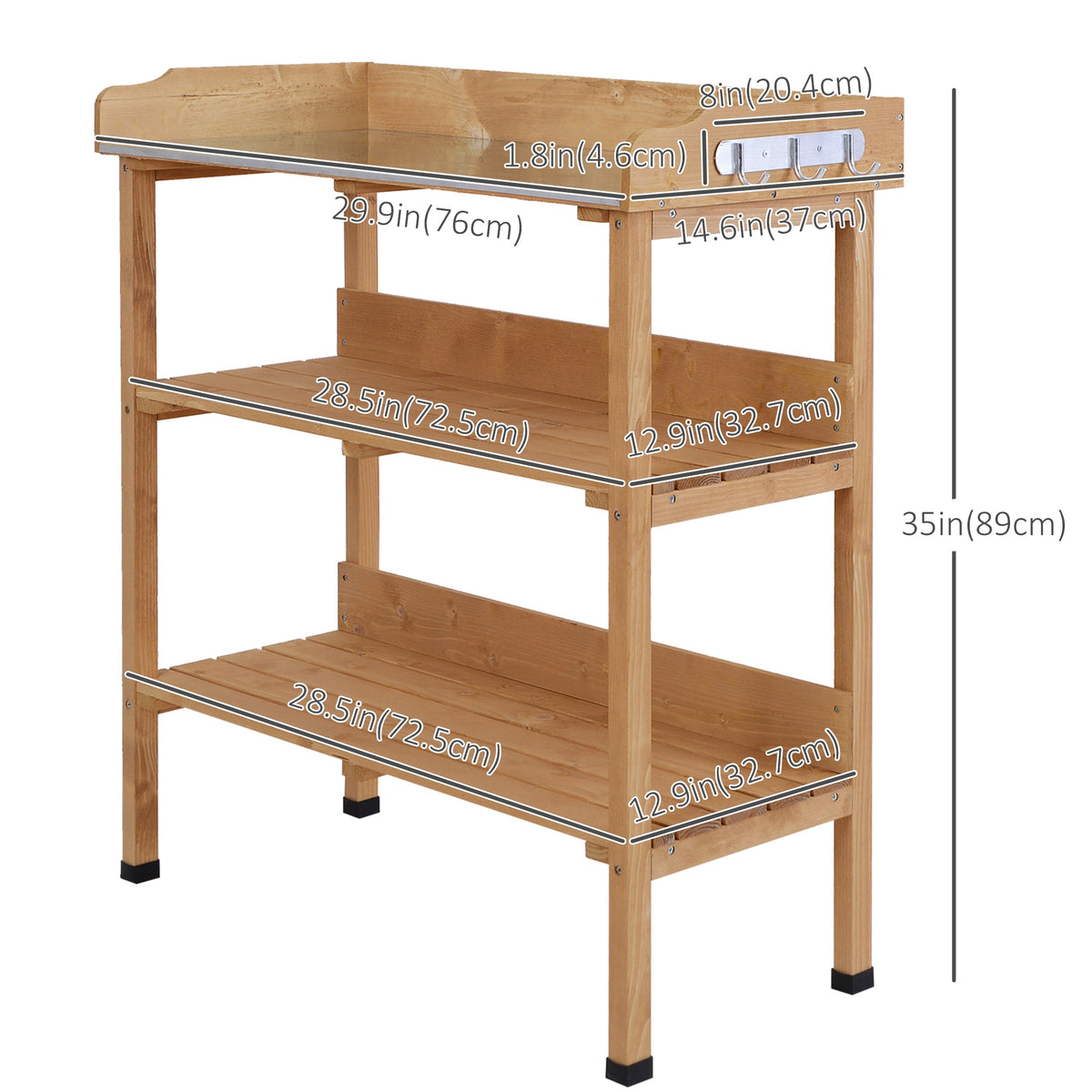 Wooden Potting Bench with Metal Top, Shelf and Hooks, Natural — product view 5