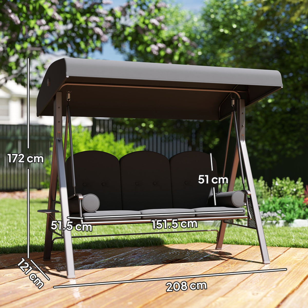 3 Seater Canopy Swing Chair with Cushions & Cup Trays, Dark Grey — product view 5