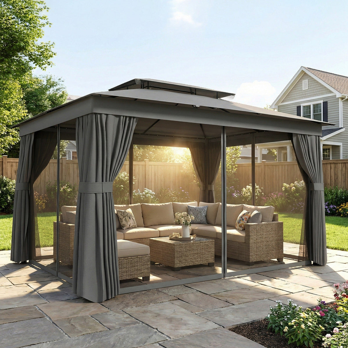 10' x 12.5' Outdoor Gazebo with Double Roof, Curtains and Netting, Dark Grey — product view 3