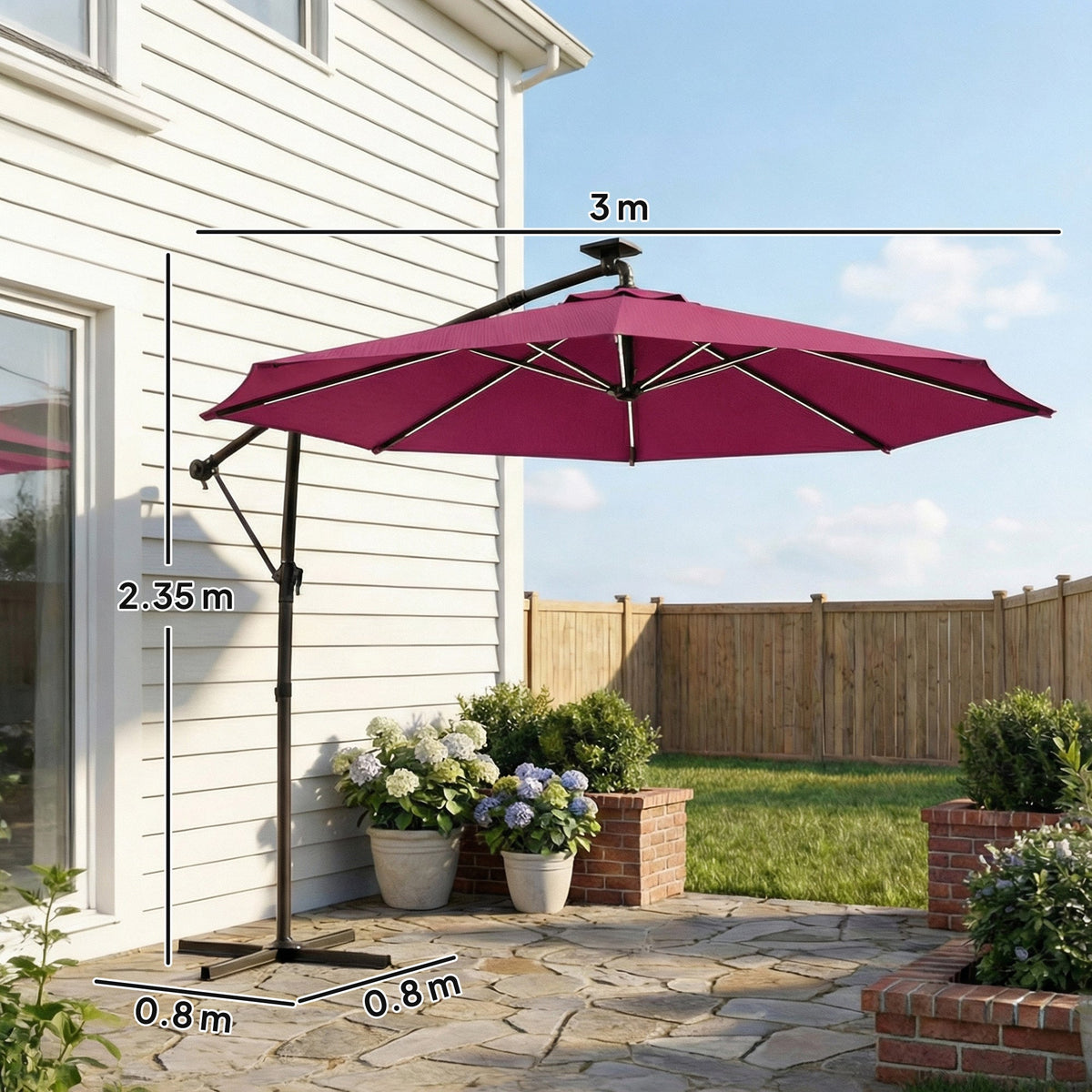 3 m Cantilever Parasol with Solar LED Light, Cover & 360° Rotation, Wine Red — product view 5