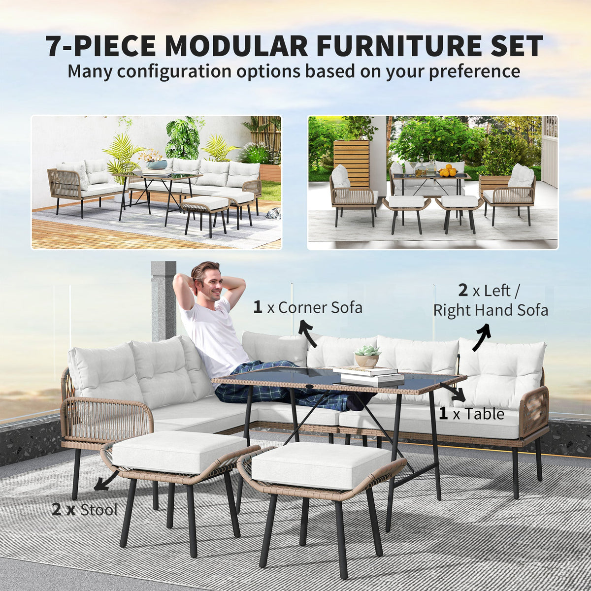 6 Piece Rattan Garden Furniture Set, 8 Seater Corner Sofa with Glass Table, Cream White — product view 6