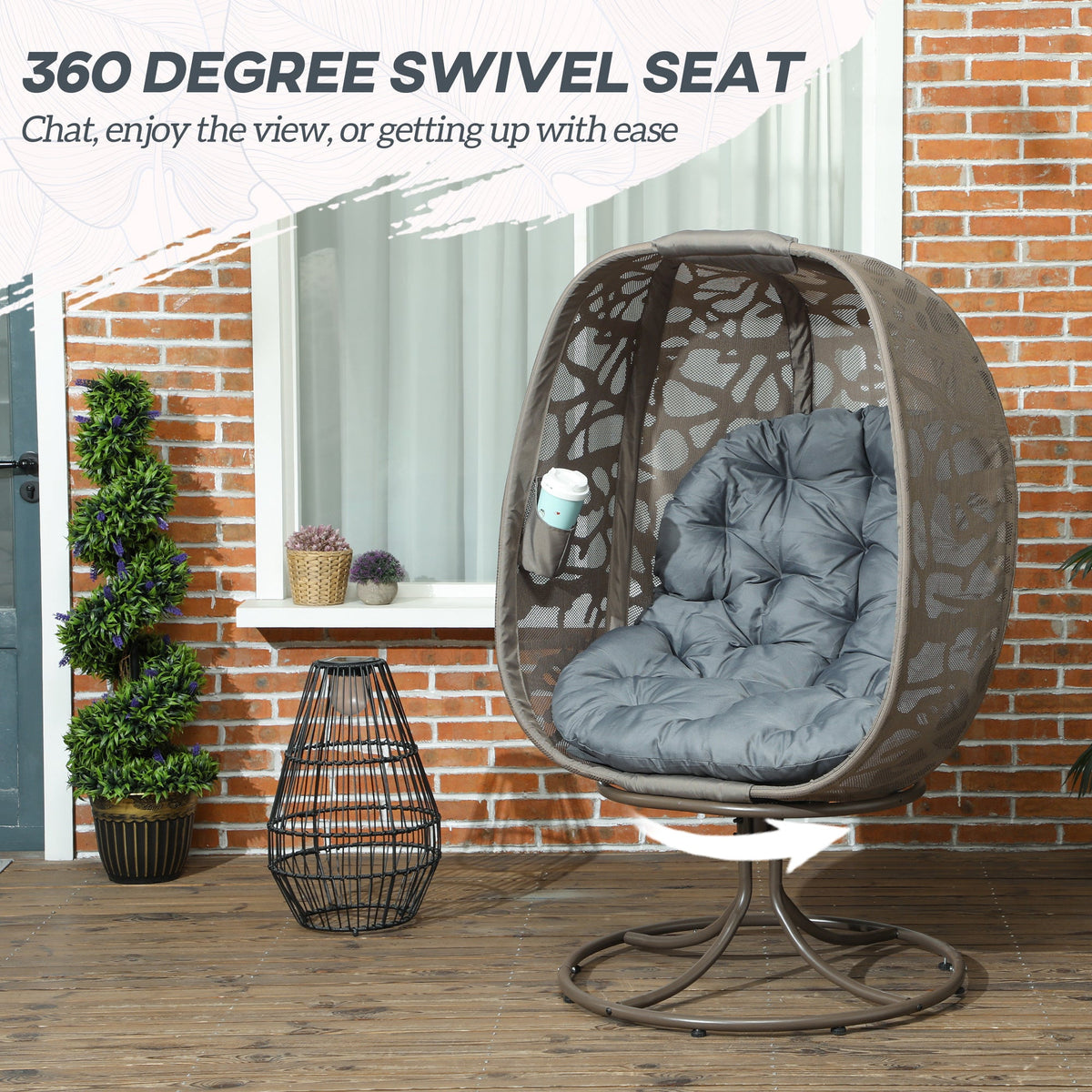 Swivel Egg Chair with Cushions & Foldable Basket Seat, Grey — product view 6