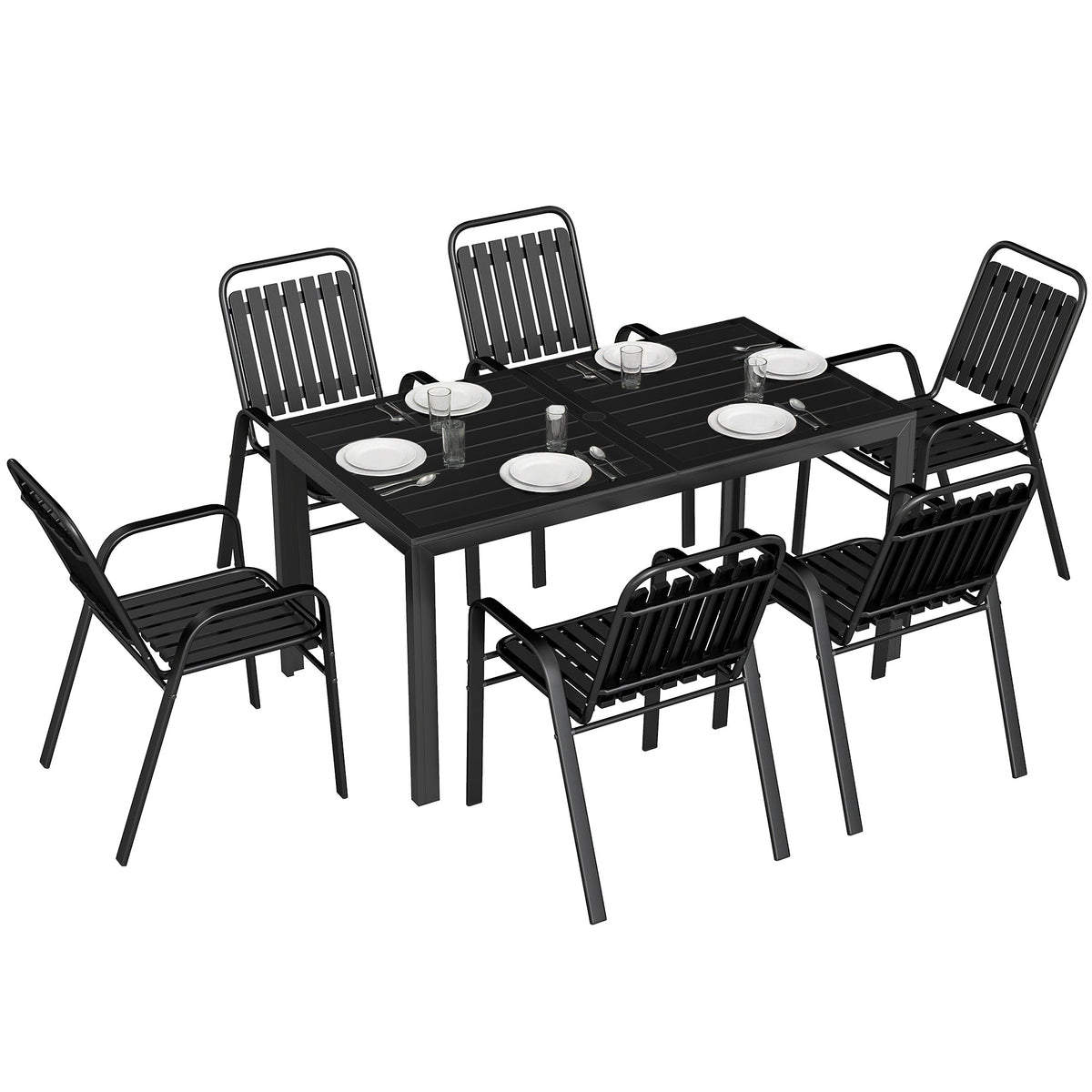 7 Piece Garden Dining Set with Stackable Chairs and Umbrella Hole, Black — product view 1