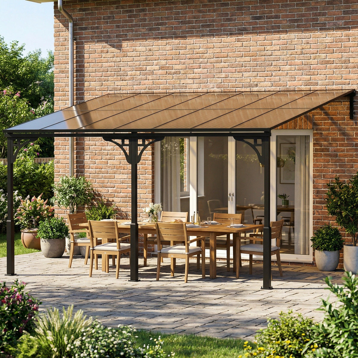 13' x 10' Lean-to Gazebo with Polycarbonate Roof, Brown — product view 3