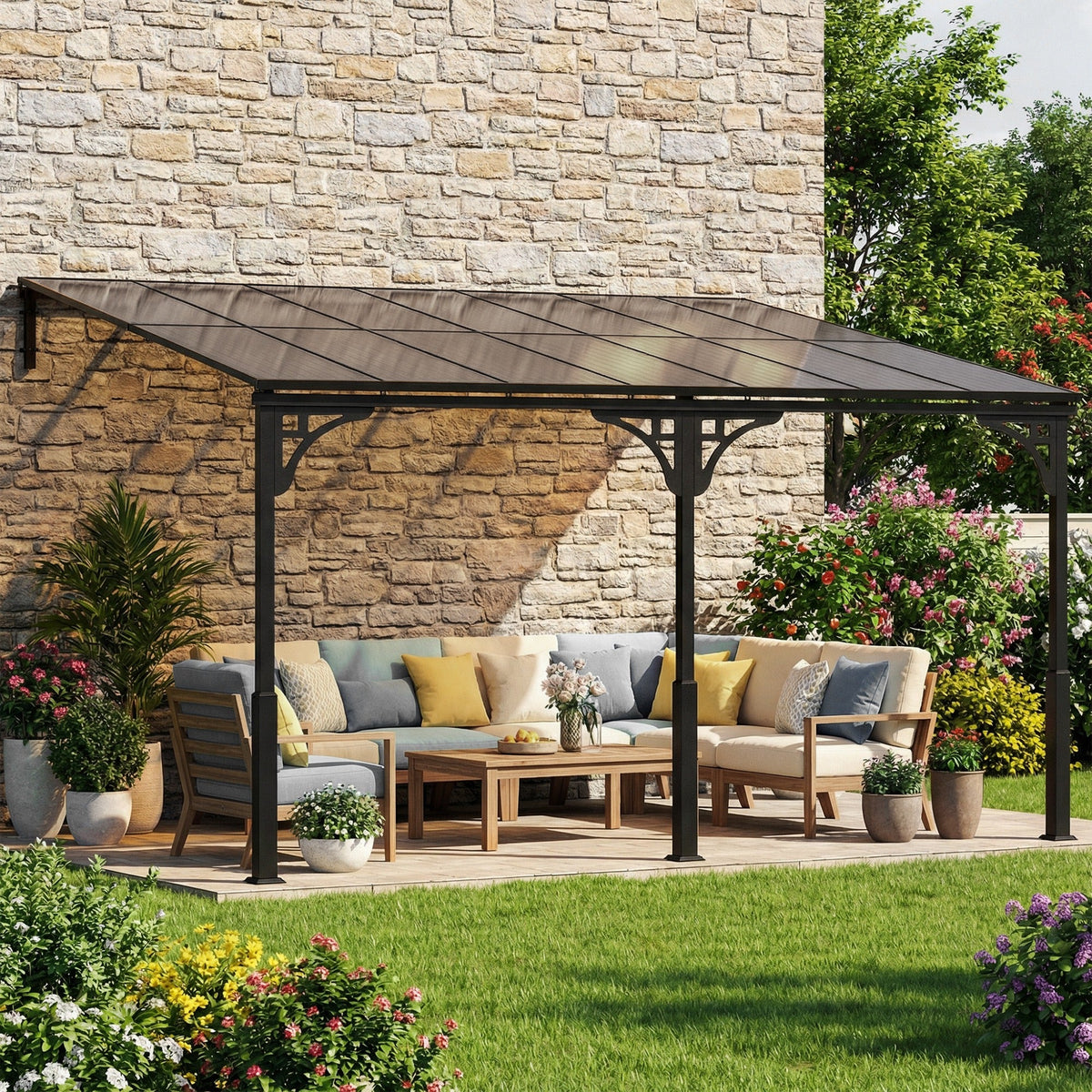13' x 10' Lean-to Gazebo with Polycarbonate Roof, Brown — product view 4