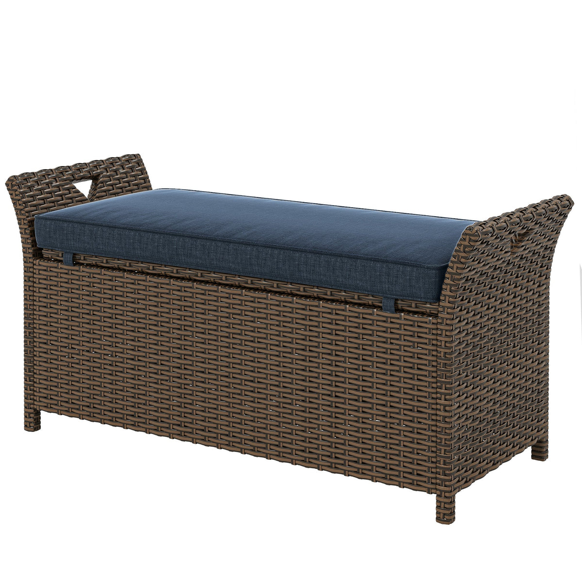 2-in-1 Patio Wicker Storage Bench, 29 Gallon with Cushion, Navy Blue — product view 2