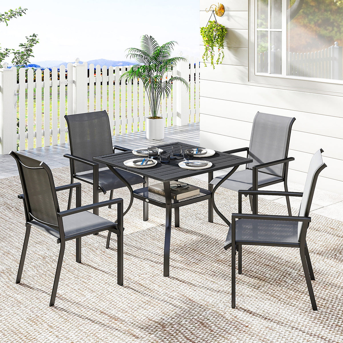 5 Piece Garden Dining Set with Stackable Chairs and Parasol Hole, Dark Grey — product view 4