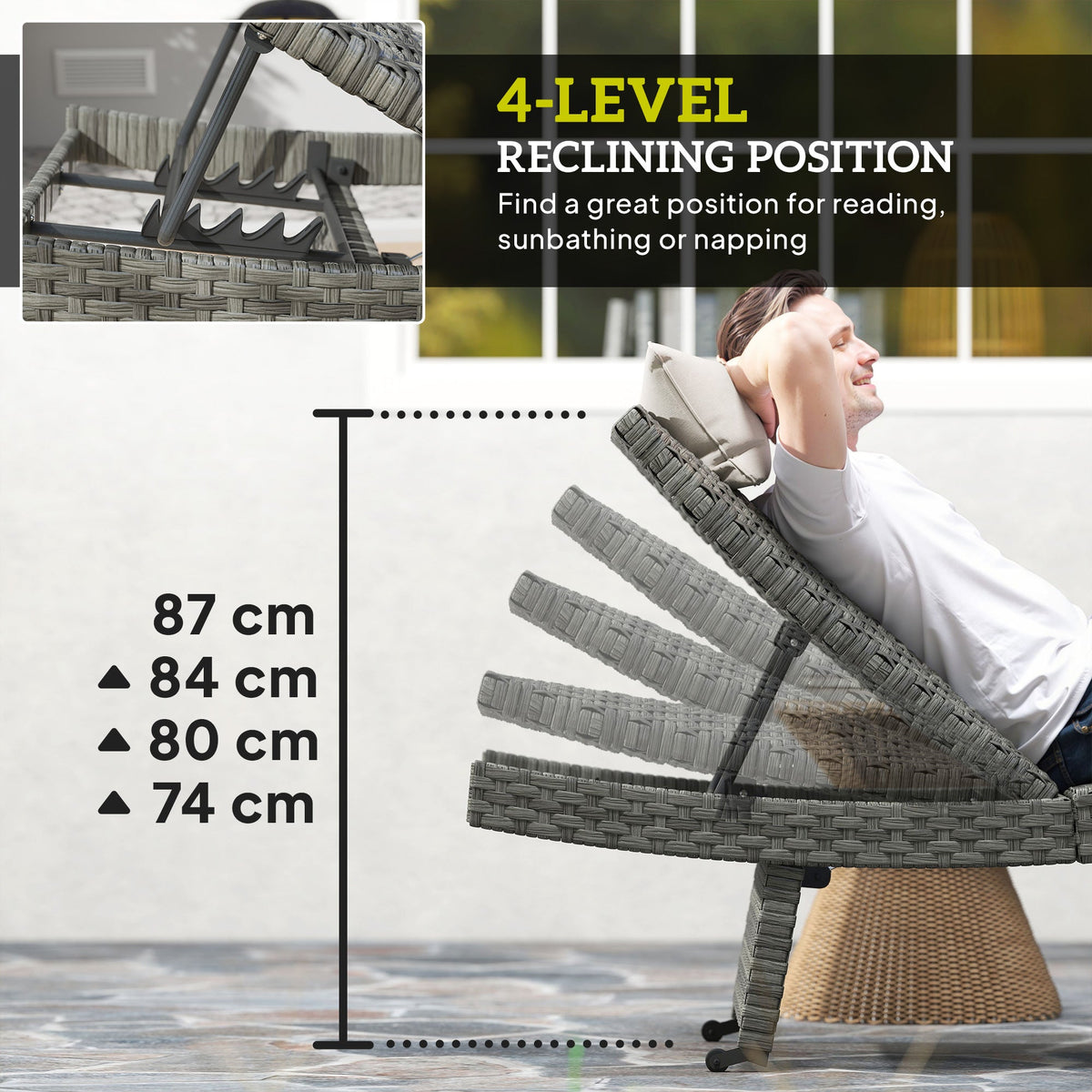 Folding PE Rattan Sun Lounger with Wheels & Adjustable Backrest, Mixed Grey — product view 7