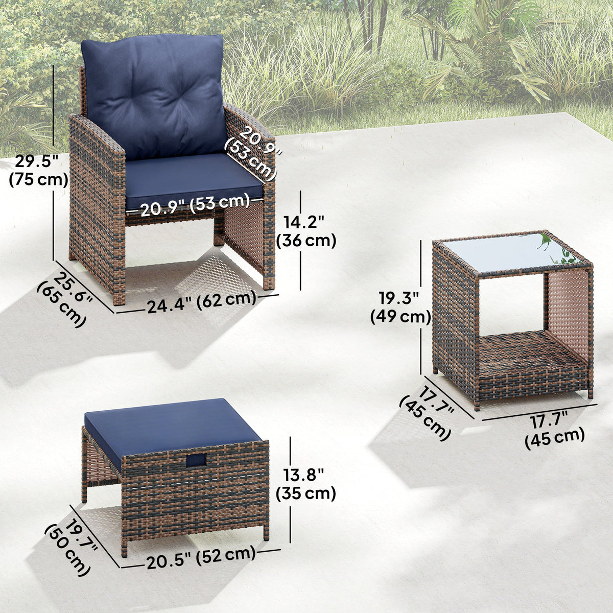 5-Piece Patio Set with Ottomans and 2-Tier Glass Table, Brown and Dark Blue — product view 5
