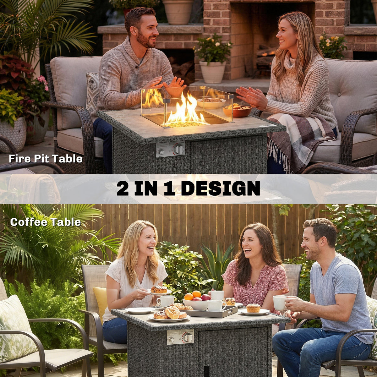 14.5 KW Rattan Gas Fire Pit Table with Cover, Wind Guard & Lid, Dark Grey — product view 6