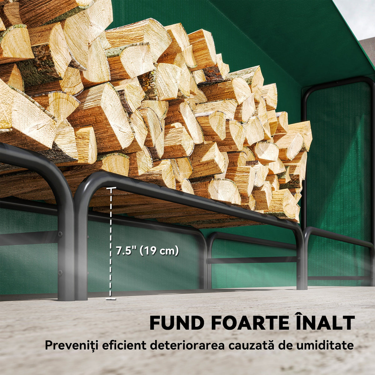 10 ft Heavy Duty Firewood Rack with Waterproof Cover & Steel Chains, Dark Green — product view 7