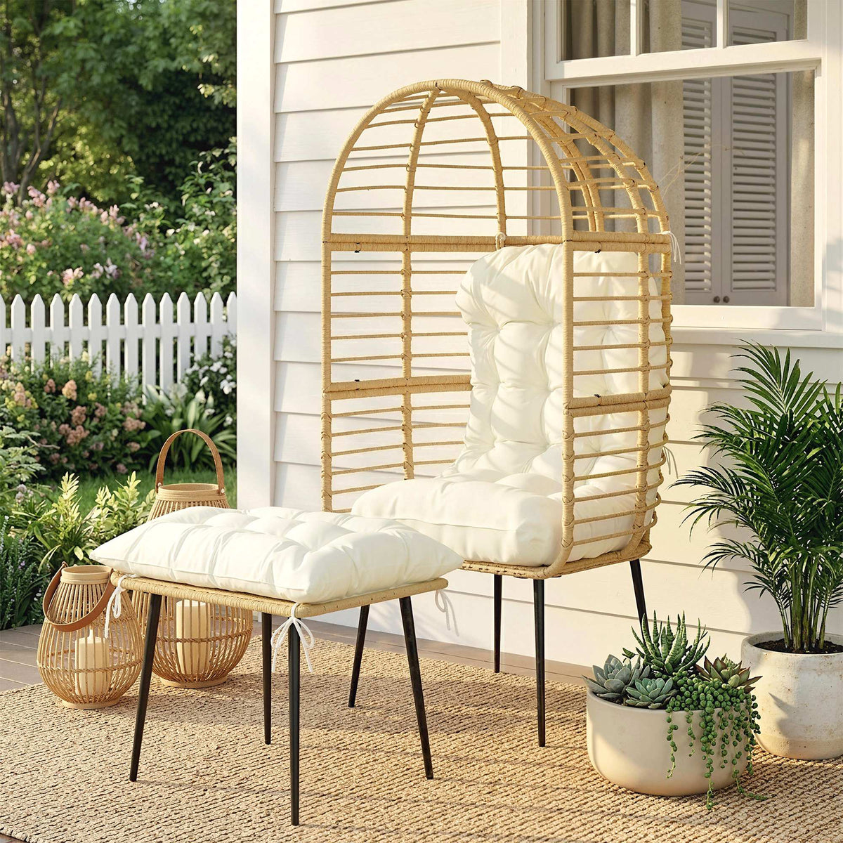 Standing Egg Chair with Footstool, PE Rattan Egg Chair with Cushions, Beige — product view 4
