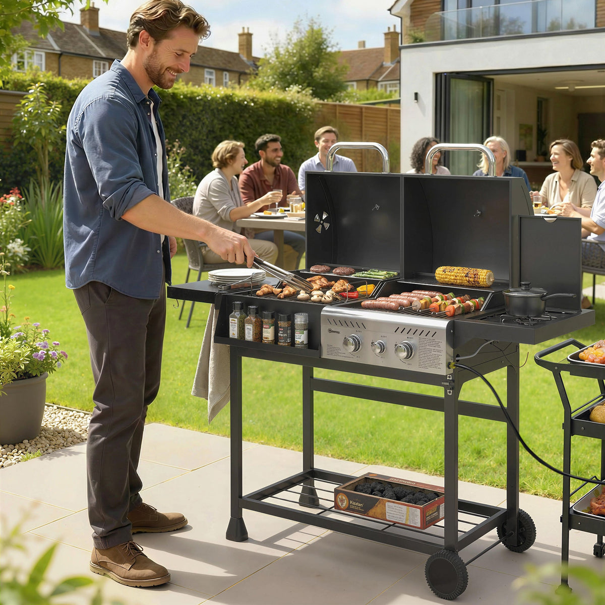 Dual Fuel BBQ Grill with Charcoal and 2+1 Gas Burners, Black — product view 3
