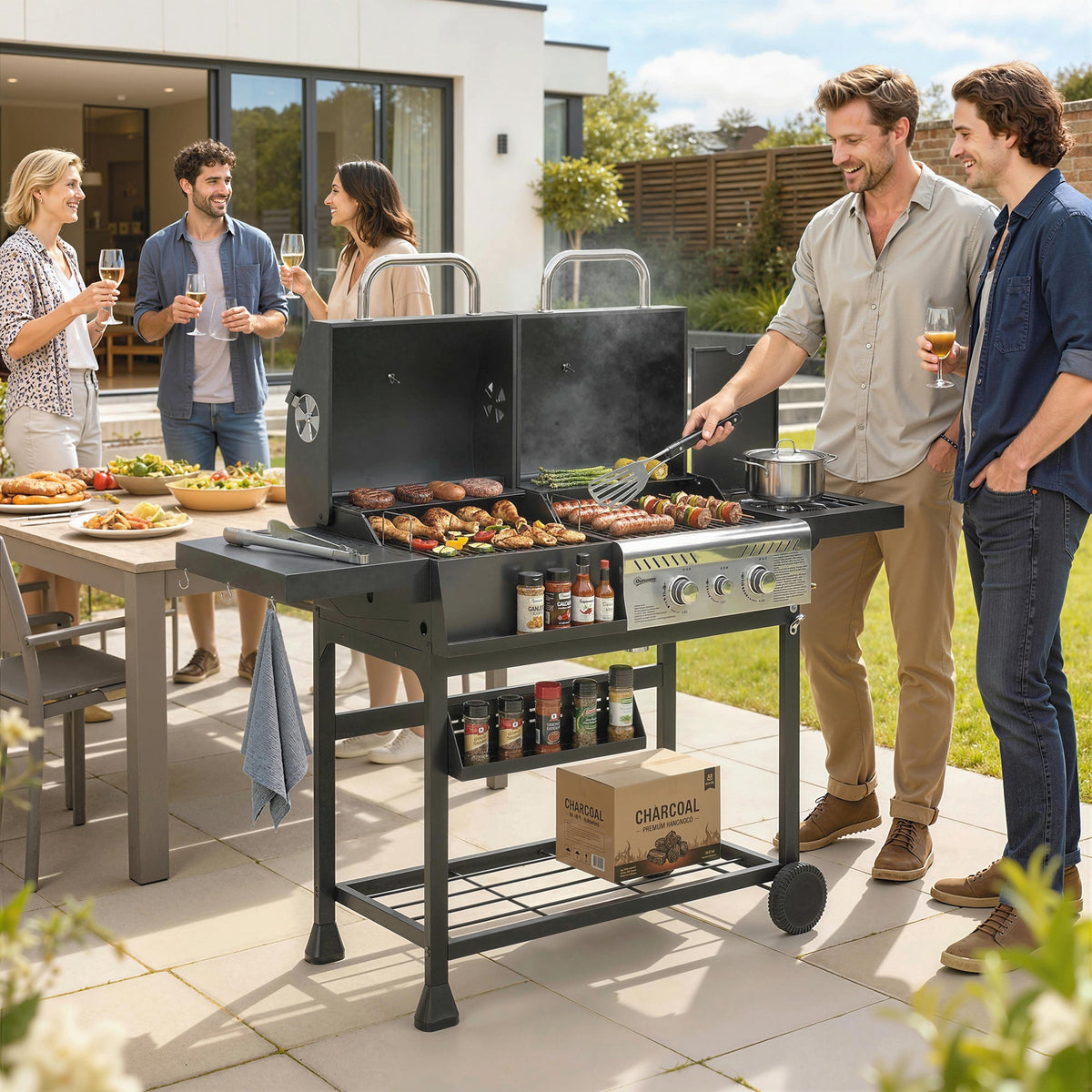 Dual Fuel BBQ Grill with Charcoal and 2+1 Gas Burners, Black — product view 4