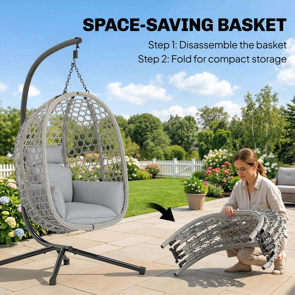 Hanging Egg Chair with Stand, Rattan Hammock, Thick Cushion, Light Grey — product view 7