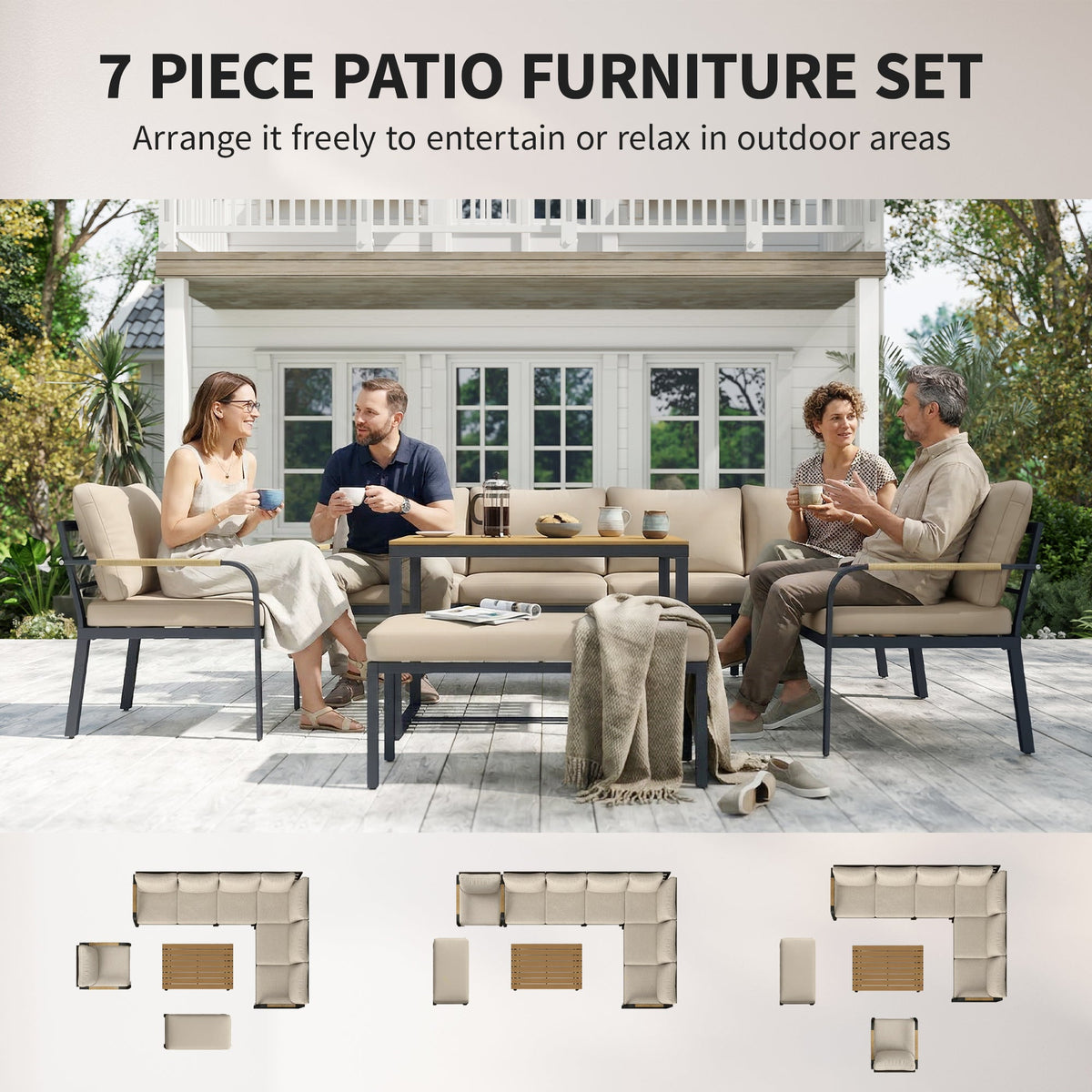 7 Seater Garden Furniture Set with Faux Wood Table, Khaki — product view 6