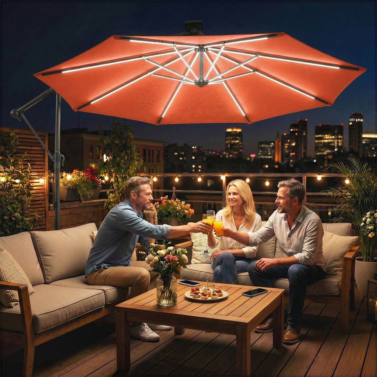 3 m Cantilever Parasol with Solar LED Light, Cover & 360° Rotation, Orange — product view 3