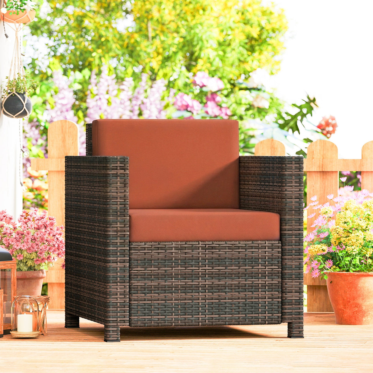 Single Rattan Garden Armchair with 10 cm Cushion & Armrests, Mixed Brown/Orange — product view 3