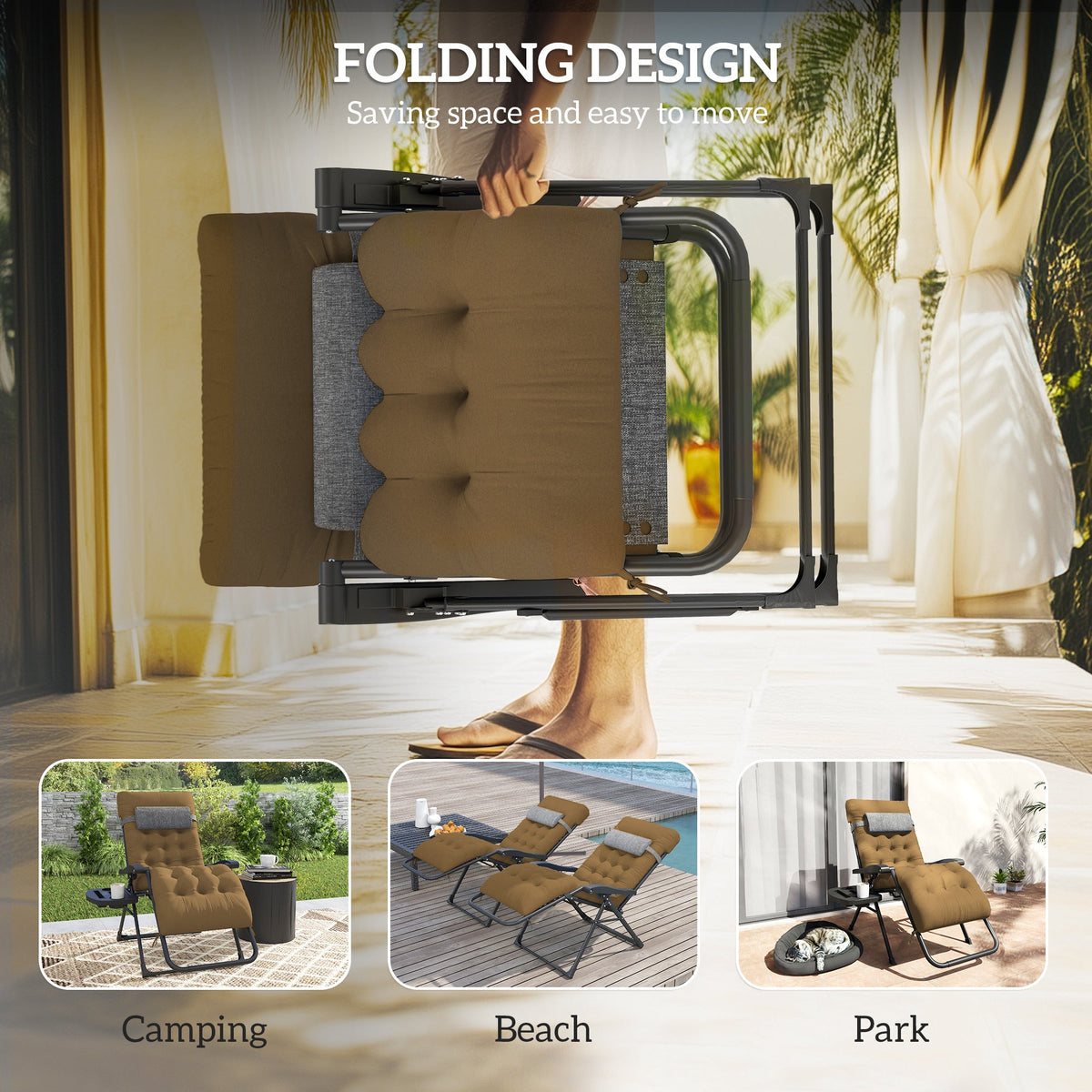 Padded Zero Gravity Chair with Cup Holder and Cushion, Light Khaki — product view 7