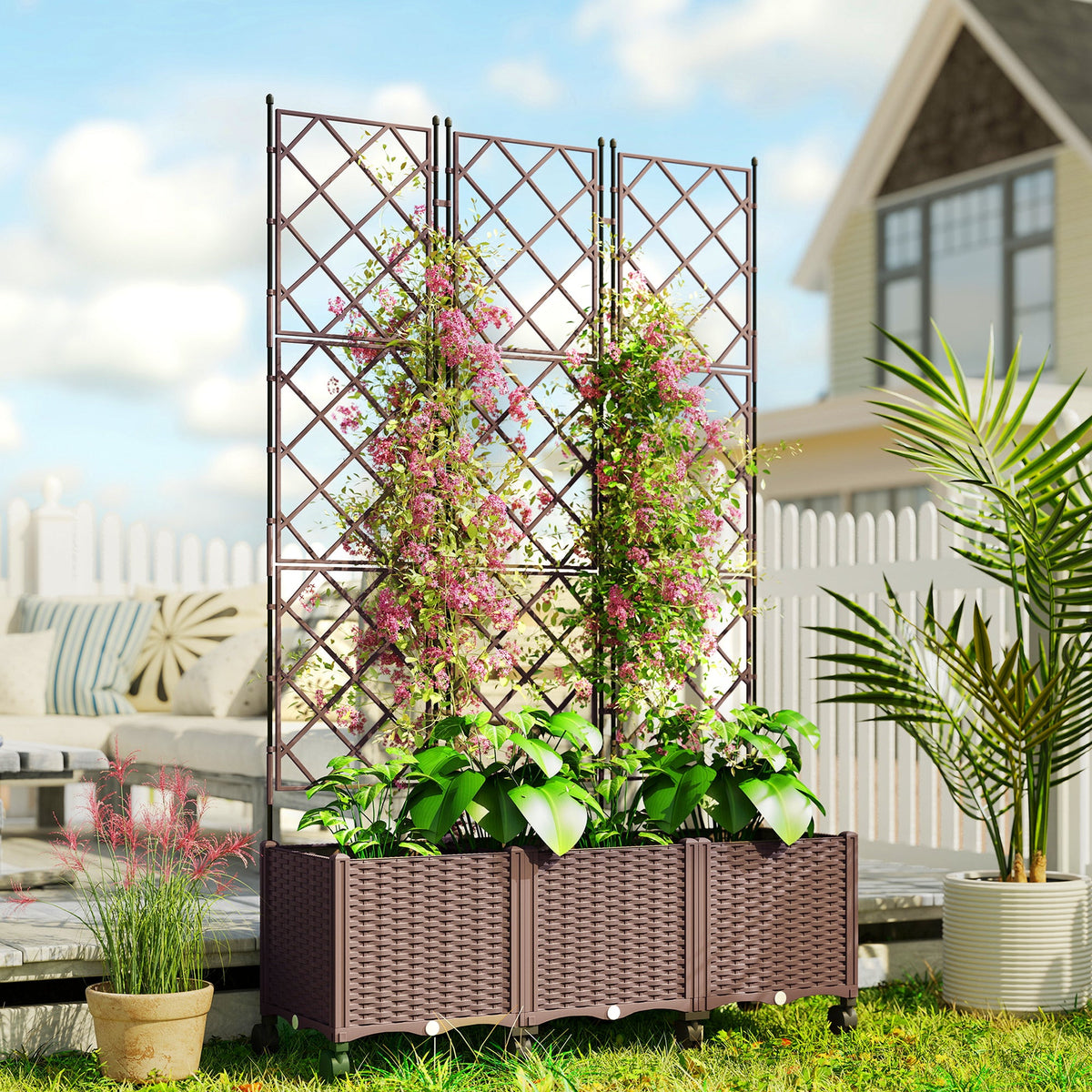 Self Watering Plastic Raised Planter with Trellis & Wheels — product view 3