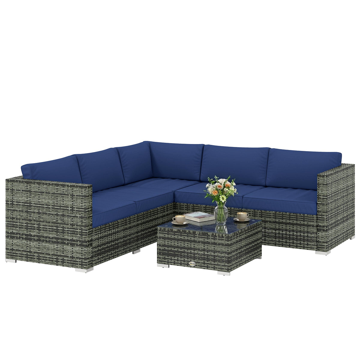 4 Piece Rattan Garden Furniture Set with Corner Sofa, Coffee Table & Cushions, Blue — product view 1