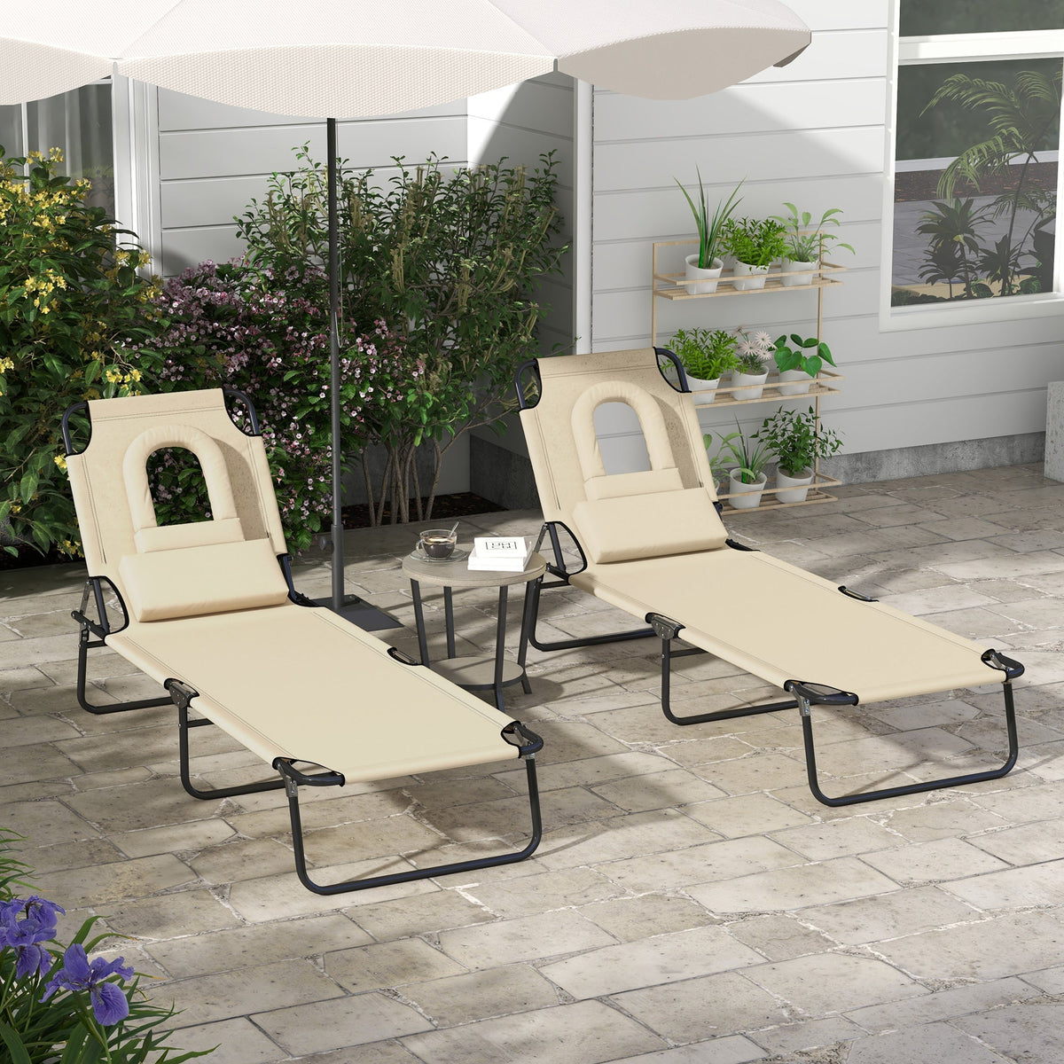 2pcs Adjustable Outdoor Lounge Chairs with Face Hole, Beige — product view 3