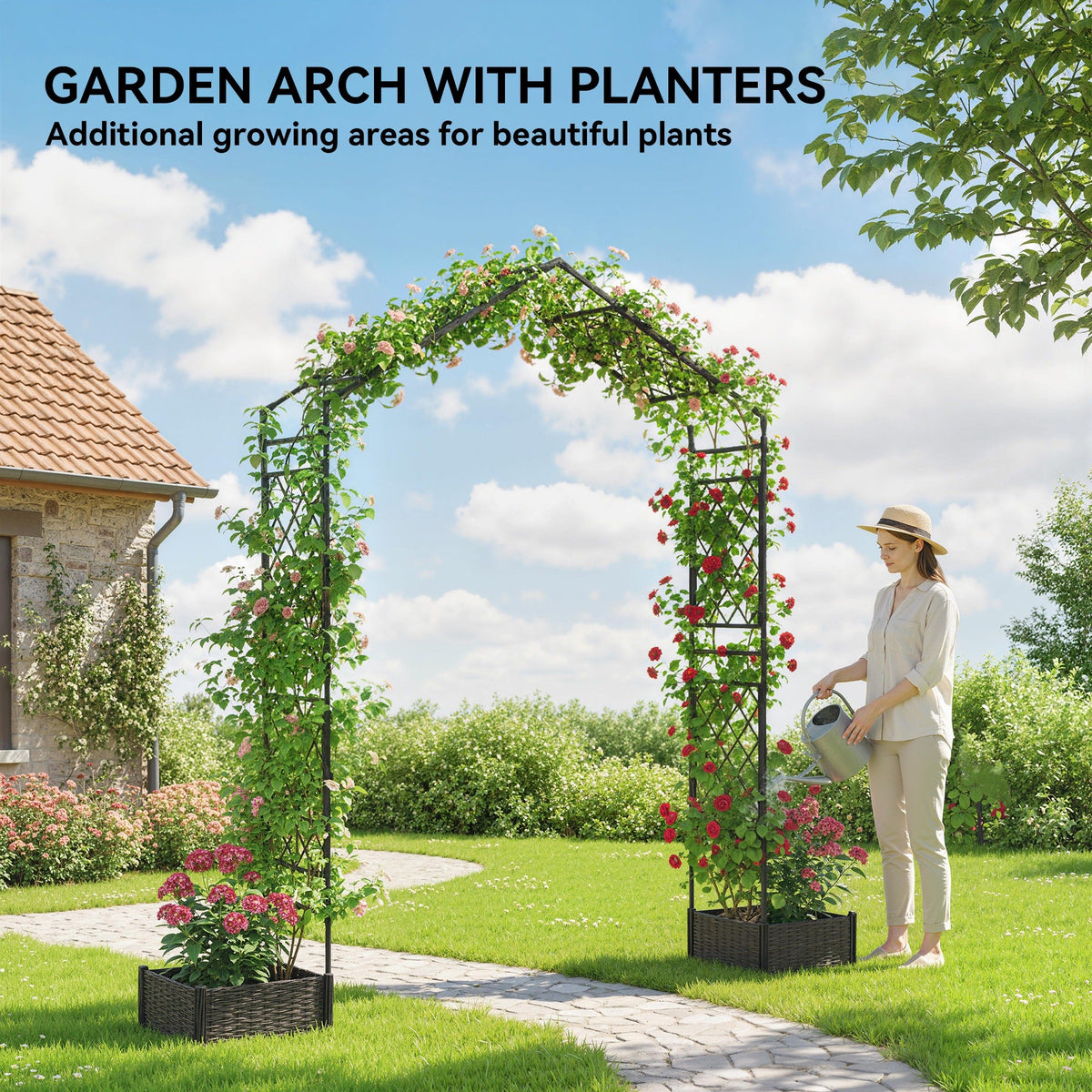7.3ft Garden Arch with 2 Planter Boxes for Climbing Plants, Black — product view 7