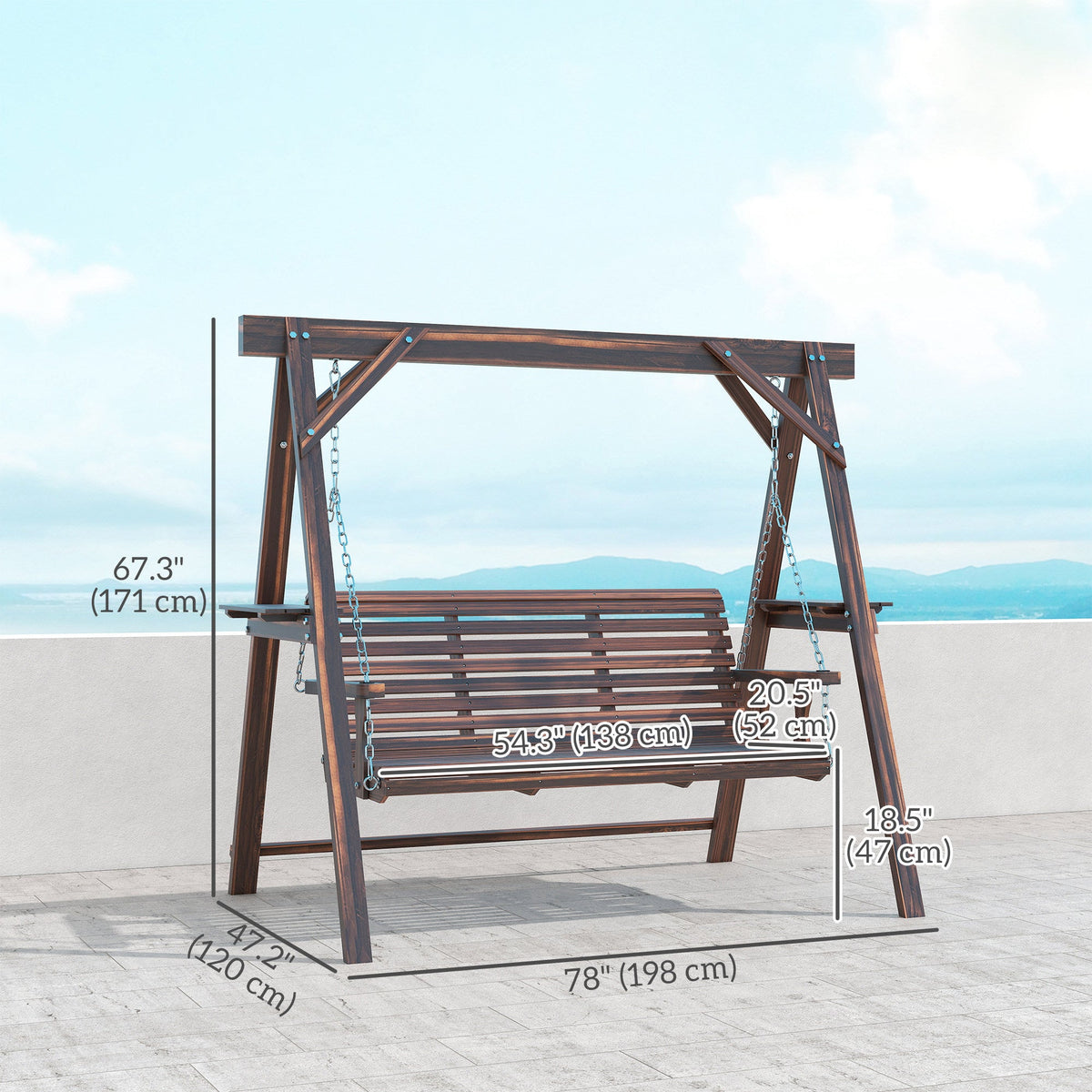 3 Seat Porch Swing with Stand and Side Tables, Carbonized Brown — product view 5