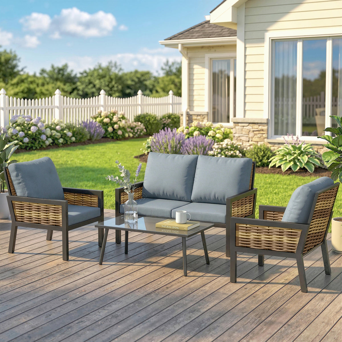 4-Seater Rattan Sofa Set with Cushions, Loveseat, 2 Armchairs & Coffee Table Grey — product view 4