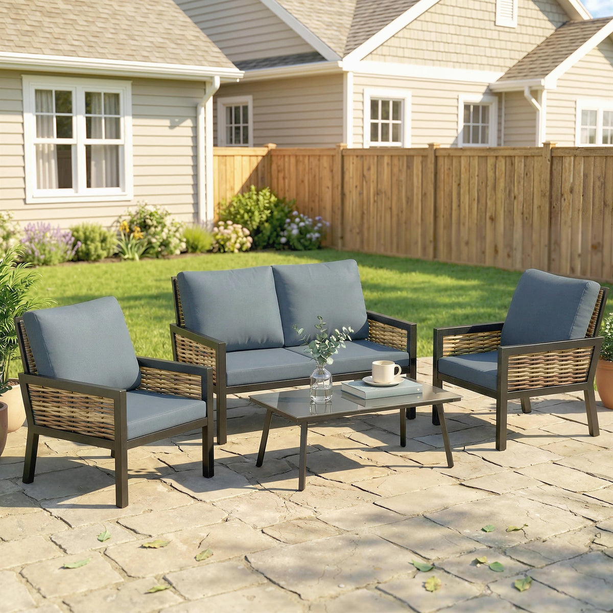 4-Seater Rattan Sofa Set with Cushions, Loveseat, 2 Armchairs & Coffee Table Grey — product view 3