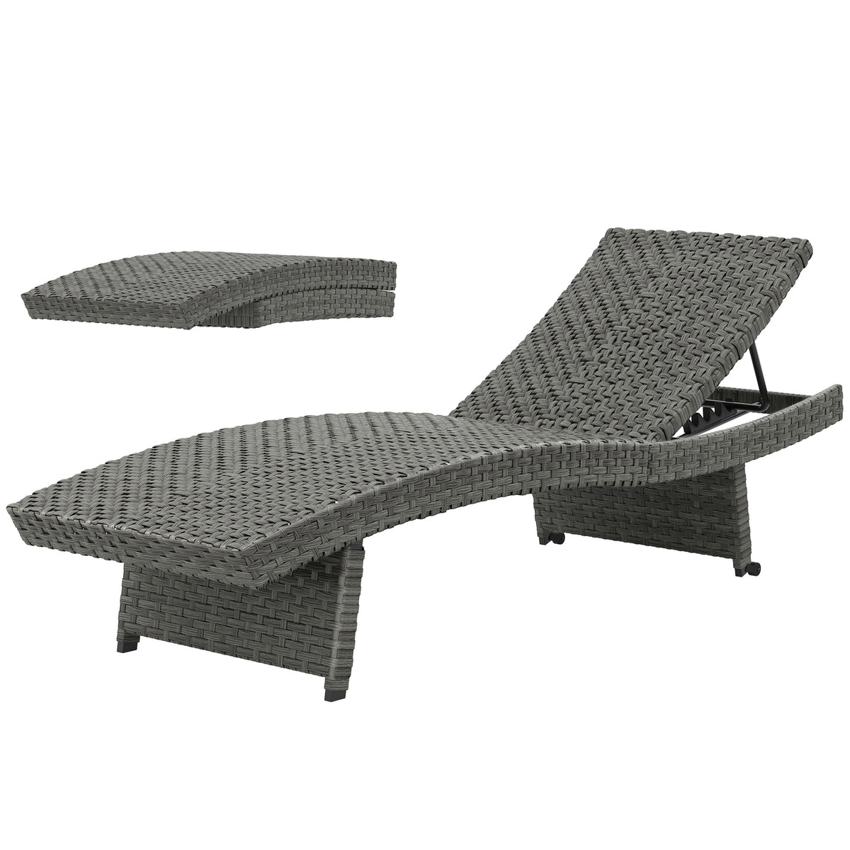 Folding PE Rattan Sun Lounger with Wheels & Adjustable Backrest, Mixed Grey — product view 2