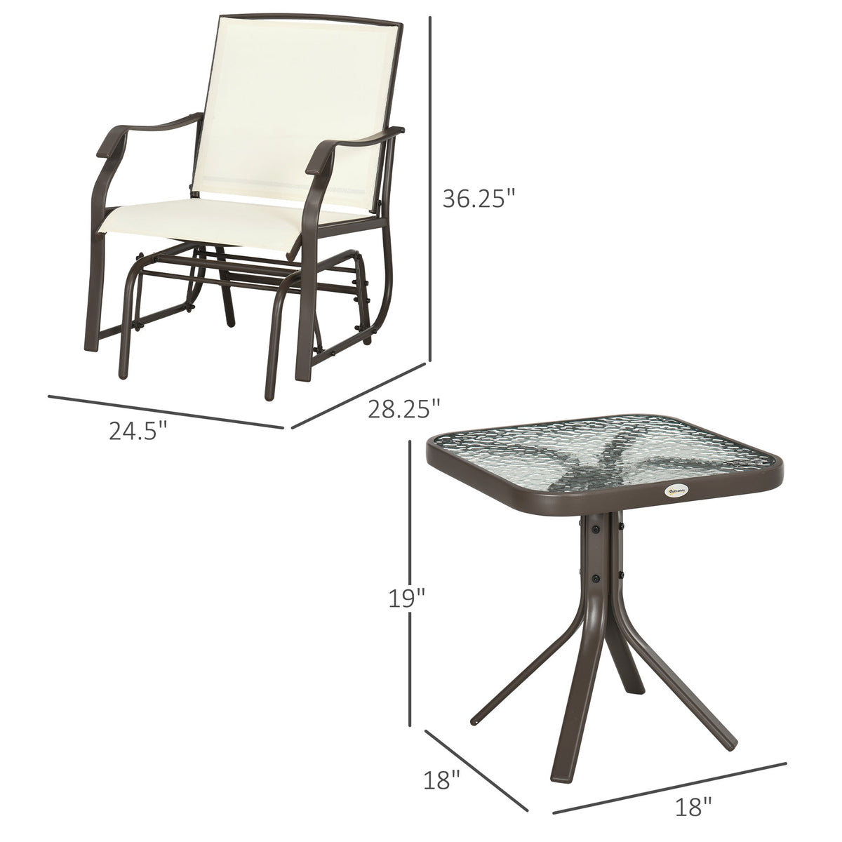 3 Piece Outdoor Glider Chair with Coffee Table Bistro Set, Cream White — product view 5