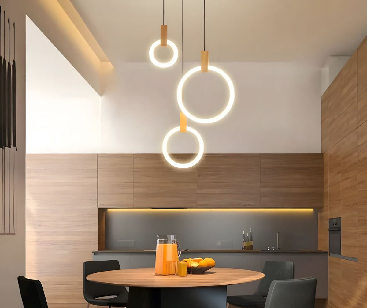 HALO Wood Ring LED Chandelier Dimmable Dining Room Living Room Staircase — 1 to 5 Rings — product view 3